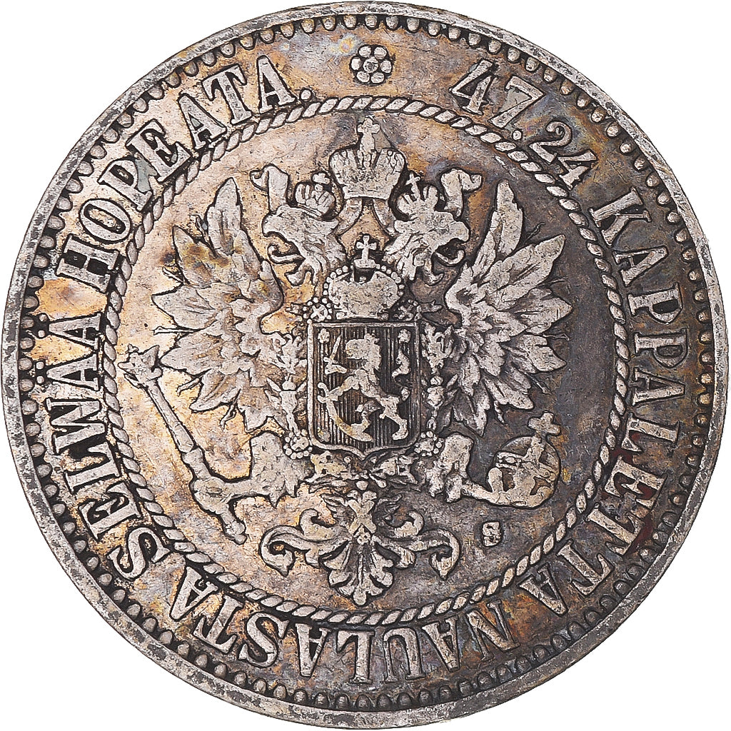 Moneda, Finlandia, Alexander II, 2 Markkaa, 1865, Helsinki, MBC, Plata, KM:7.1