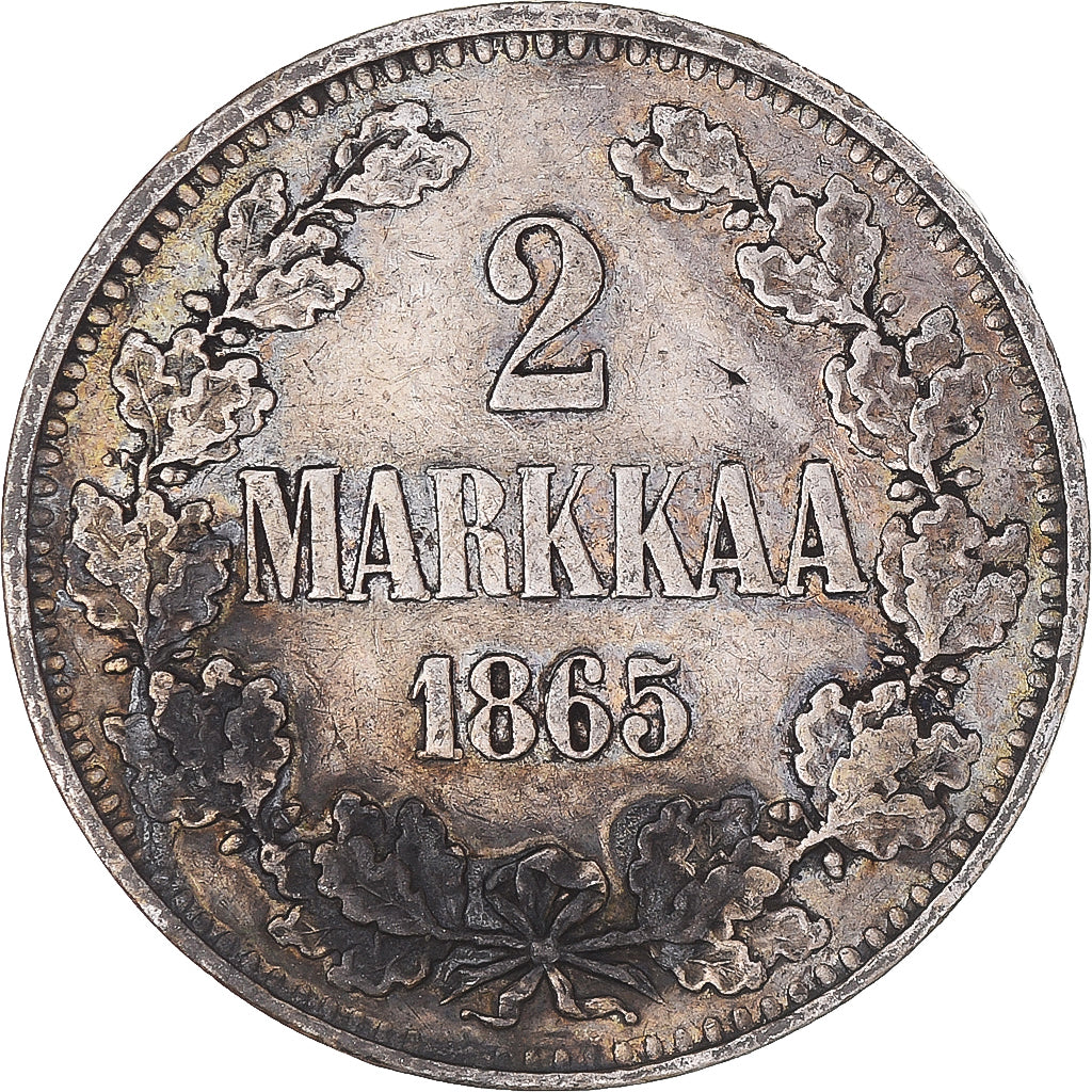 Moneda, Finlandia, Alexander II, 2 Markkaa, 1865, Helsinki, MBC, Plata, KM:7.1