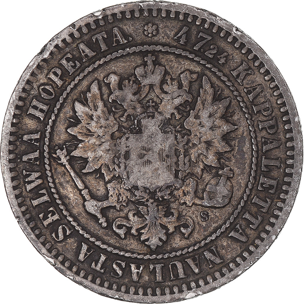 Moneda, Finlandia, Alexander II, 2 Markkaa, 1870, Helsinki, BC+, Plata, KM:7.1