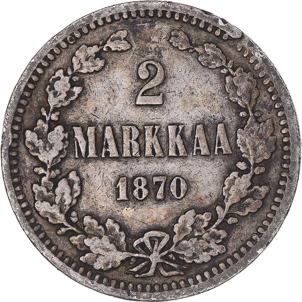 Moneda, Finlandia, Alexander II, 2 Markkaa, 1870, Helsinki, BC+, Plata, KM:7.1