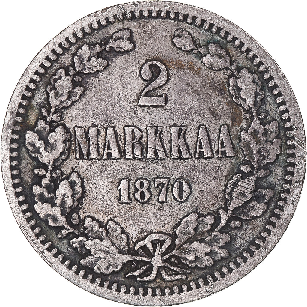 Moeda, Finlândia, Alexander II, 2 Markkaa, 1870, Helsinki, EF(40-45), Prata