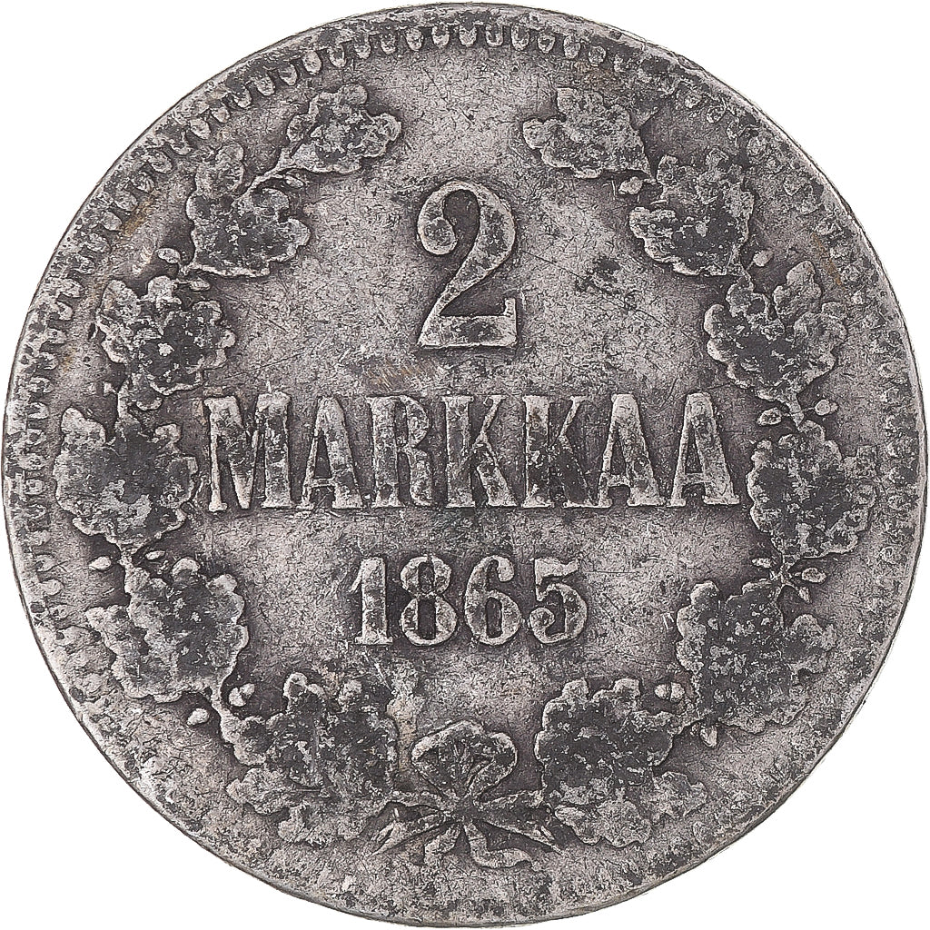 Moeda, Finlândia, Alexander II, 2 Markkaa, 1865, Helsinki, VF(20-25), Prata