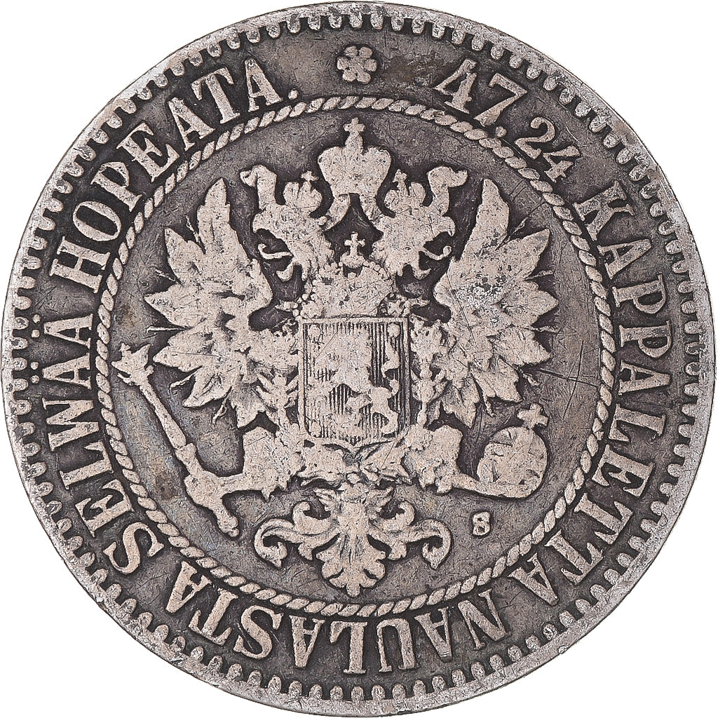 Moneda, Finlandia, Alexander II, 2 Markkaa, 1865, Helsinki, BC+, Plata, KM:7.1