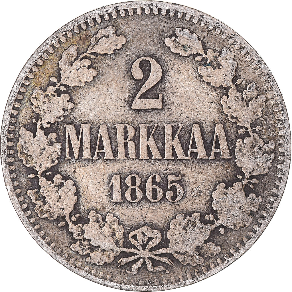 Moneda, Finlandia, Alexander II, 2 Markkaa, 1865, Helsinki, BC+, Plata, KM:7.1