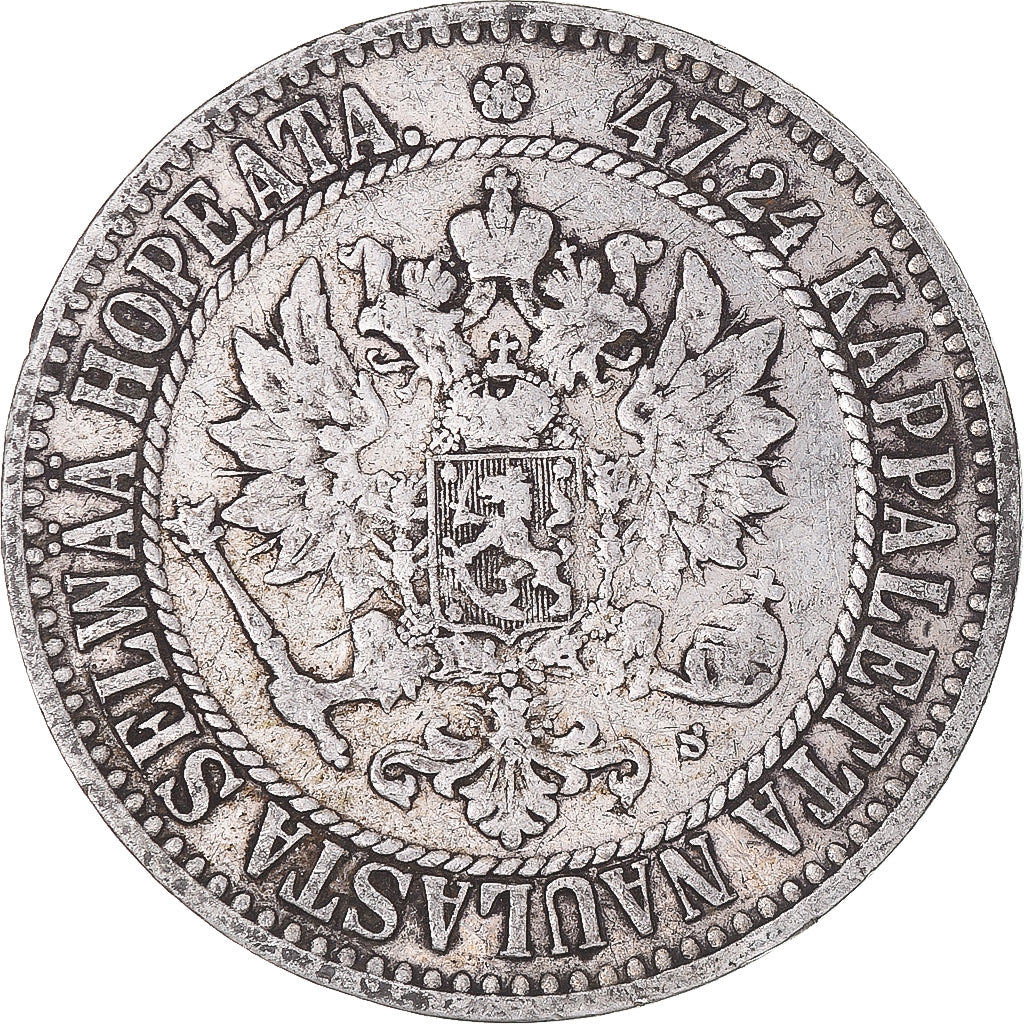 Moneda, Finlandia, Alexander II, 2 Markkaa, 1865, Helsinki, MBC, Plata, KM:7.1