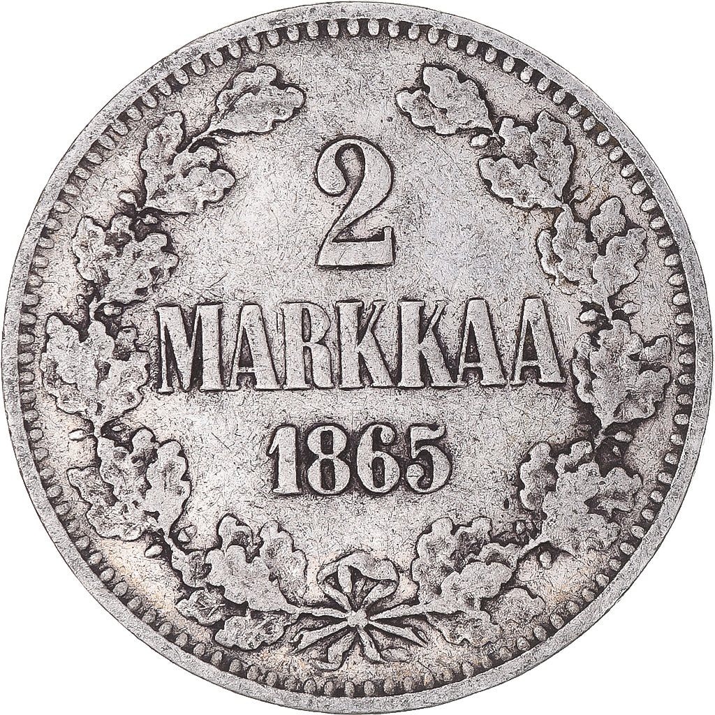 Moneda, Finlandia, Alexander II, 2 Markkaa, 1865, Helsinki, MBC, Plata, KM:7.1