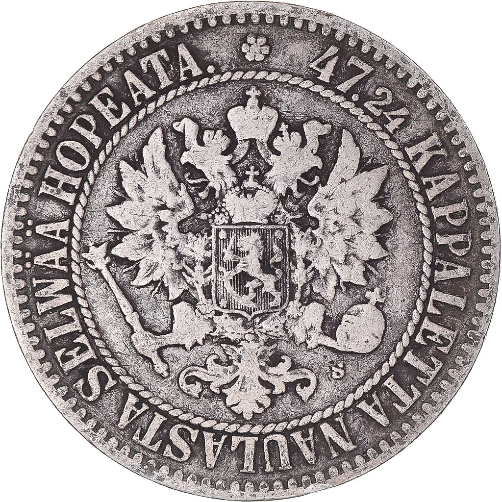 Munten, Finland, Alexander II, 2 Markkaa, 1865, Helsinki, ZF, Zilver, KM:7.1