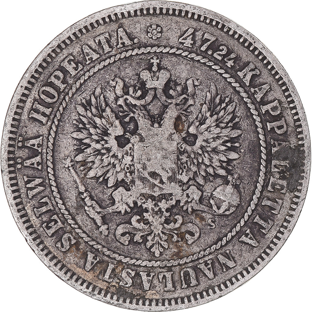 Moneda, Finlandia, Alexander II, 2 Markkaa, 1874, Helsinki, BC+, Plata, KM:7.2