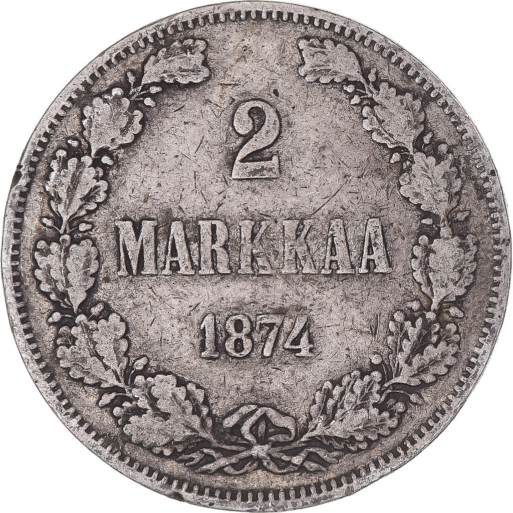 Moneda, Finlandia, Alexander II, 2 Markkaa, 1874, Helsinki, BC+, Plata, KM:7.2
