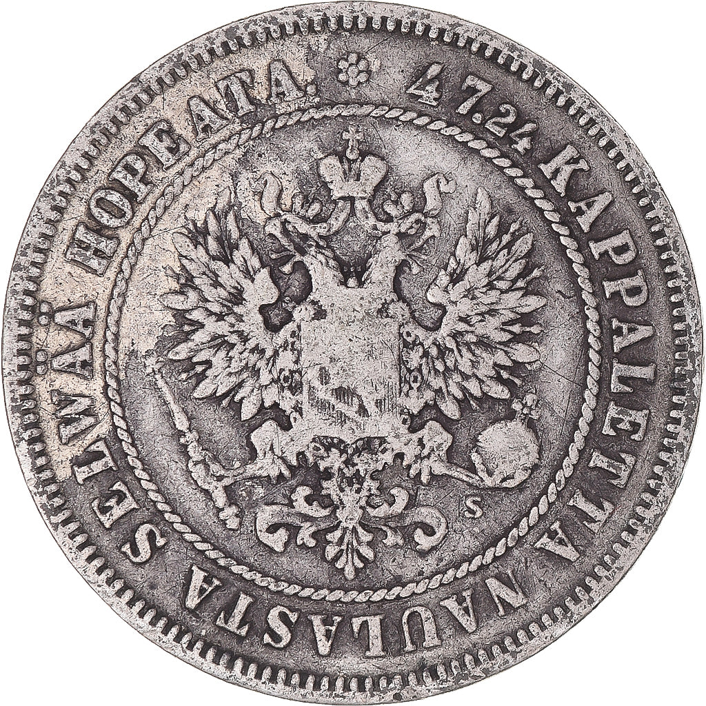 Moeda, Finlândia, Alexander II, 2 Markkaa, 1874, Helsinki, VF(30-35), Prata