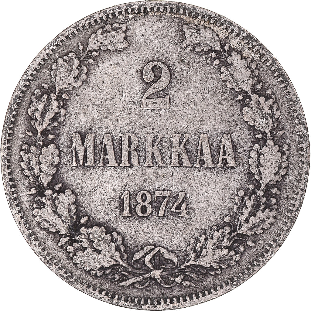 Moeda, Finlândia, Alexander II, 2 Markkaa, 1874, Helsinki, VF(30-35), Prata