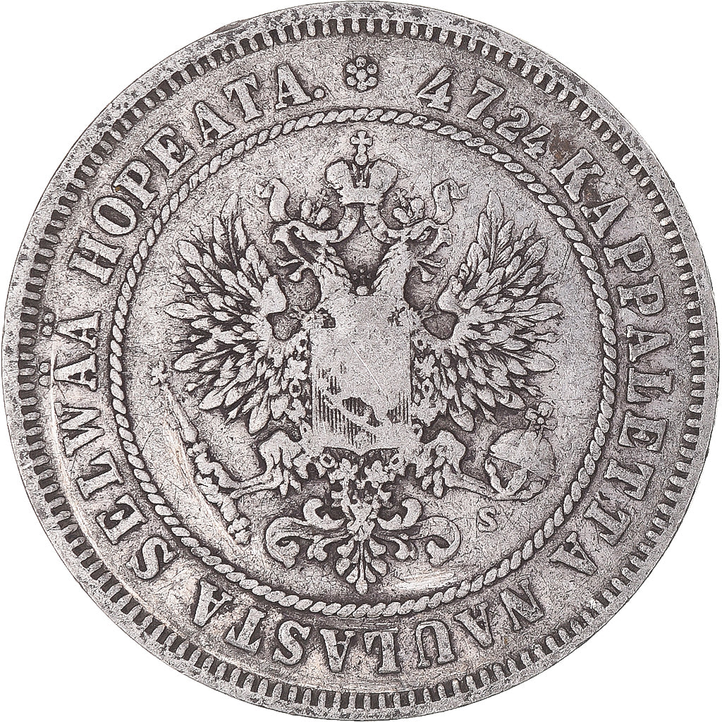 Moneda, Finlandia, Alexander II, 2 Markkaa, 1874, Helsinki, BC+, Plata, KM:7.2