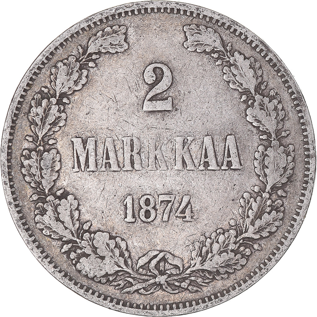 Moneda, Finlandia, Alexander II, 2 Markkaa, 1874, Helsinki, BC+, Plata, KM:7.2