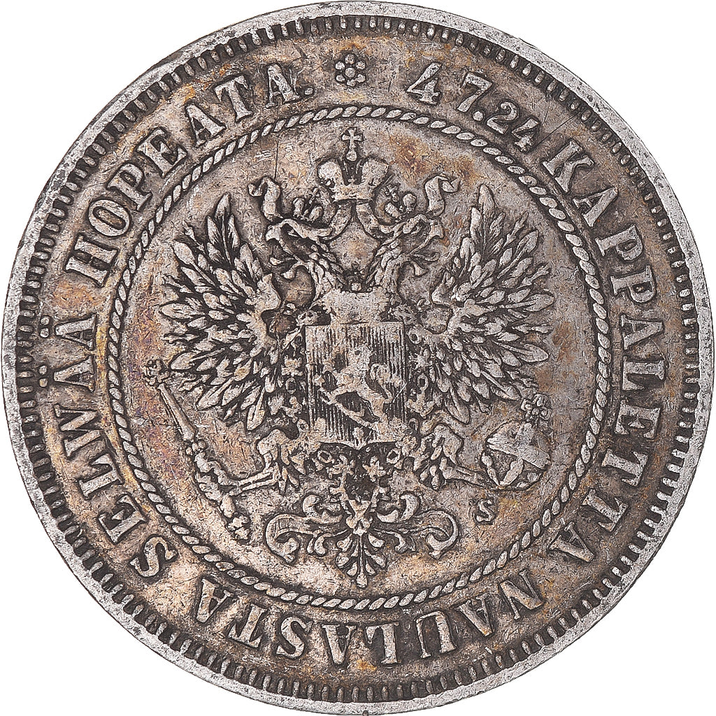 Moneda, Finlandia, Alexander II, 2 Markkaa, 1874, Helsinki, MBC, Plata, KM:7.2