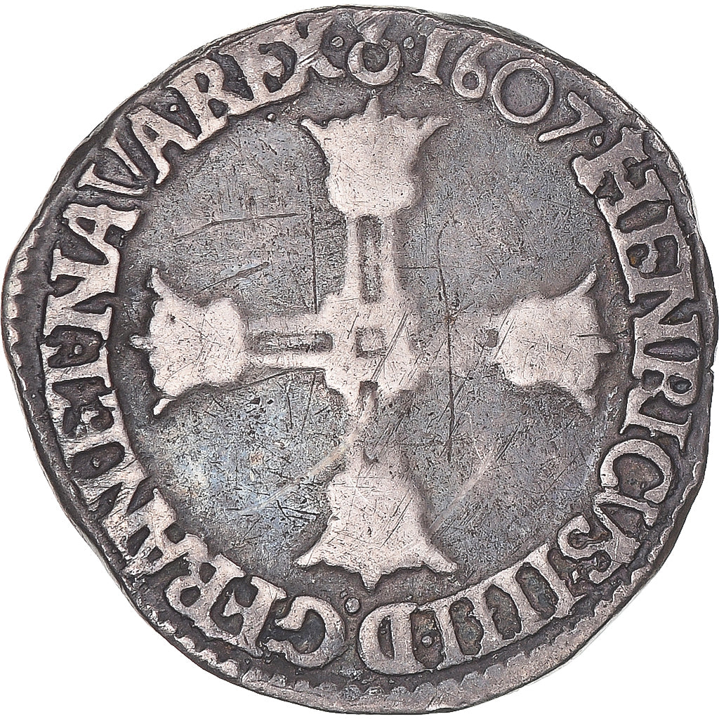Moneta, Francia, Henri IV, 1/8 Ecu, 1607, Saint-Lô, MB+, Argento, Gadoury:581