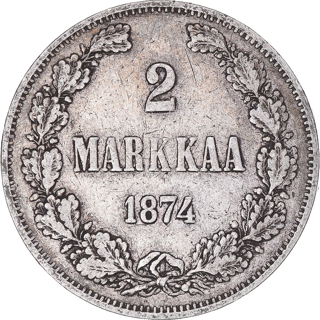 Moneda, Finlandia, Alexander II, 2 Markkaa, 1874, Helsinki, MBC, Plata, KM:7.2