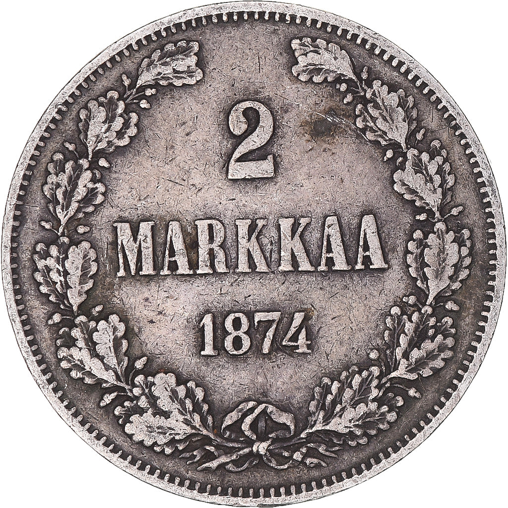 Moeda, Finlândia, Alexander II, 2 Markkaa, 1874, Helsinki, EF(40-45), Prata