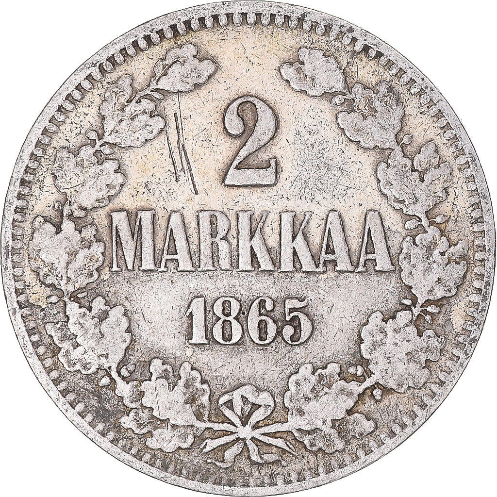 Münze, Finnland, Alexander II, 2 Markkaa, 1865, Helsinki, S+, Silber, KM:7.1