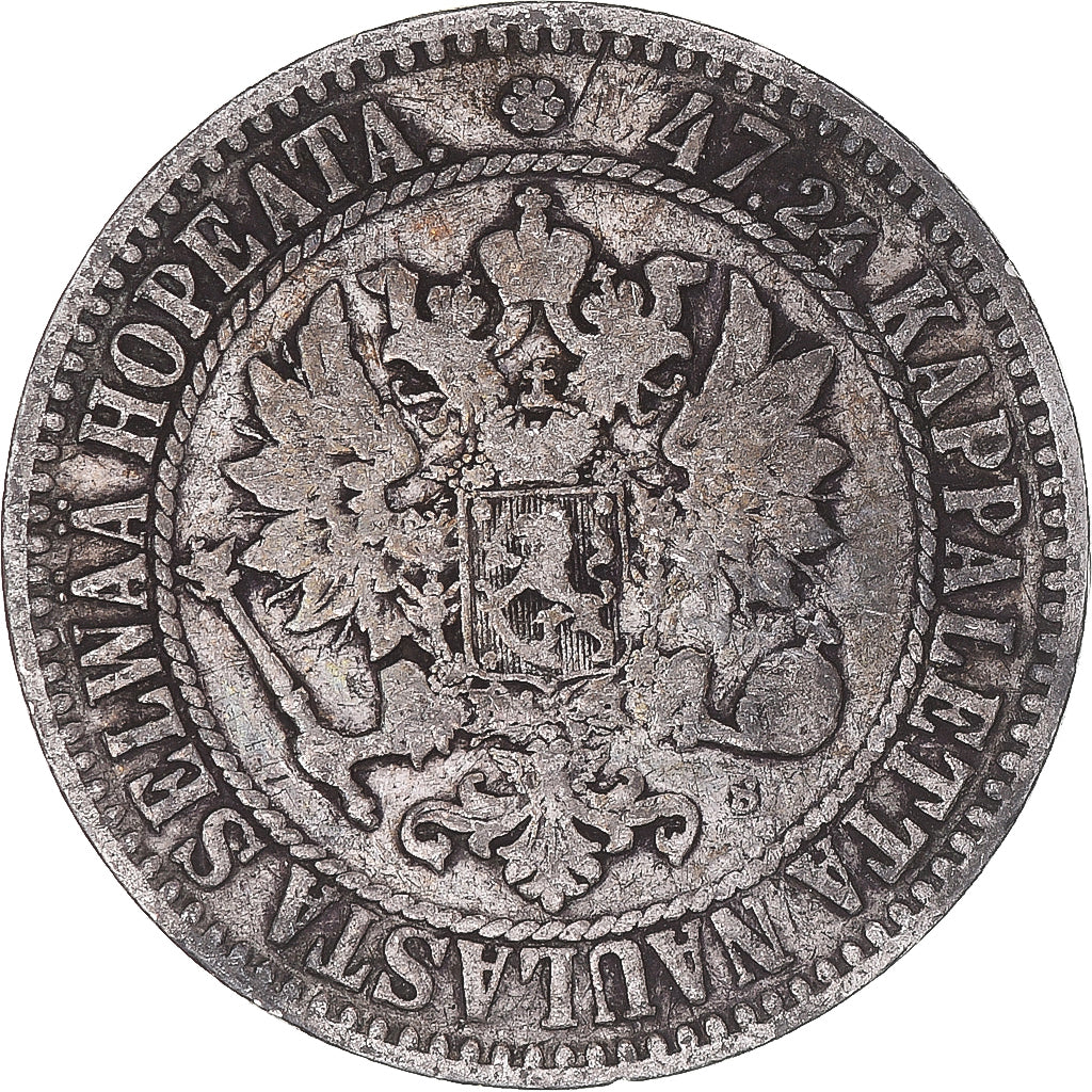 Moneda, Finlandia, Alexander II, 2 Markkaa, 1865, Helsinki, BC+, Plata, KM:7.1