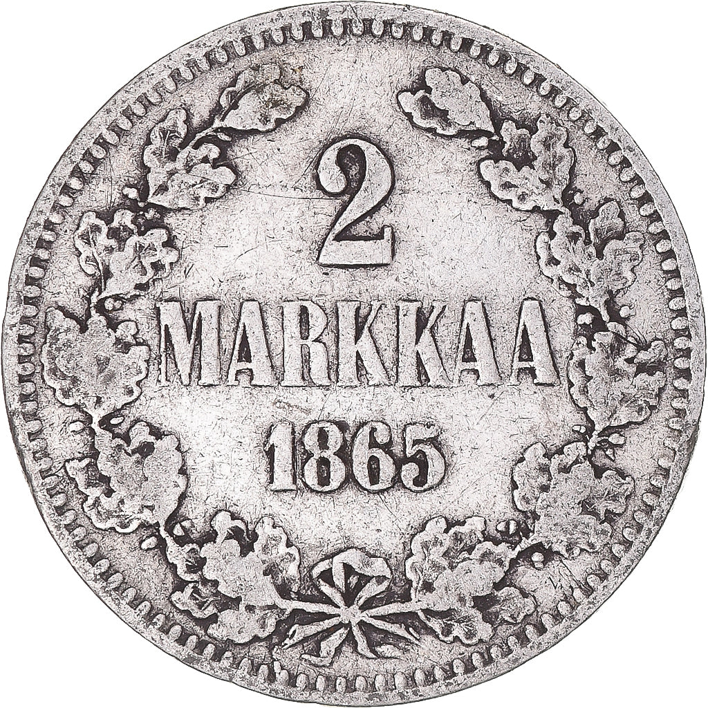 Moneda, Finlandia, Alexander II, 2 Markkaa, 1865, Helsinki, BC+, Plata, KM:7.1
