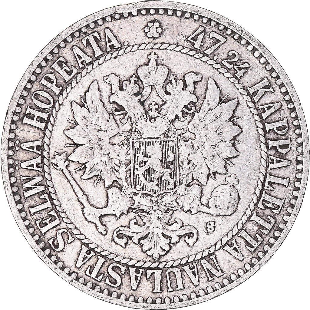 Moneda, Finlandia, Alexander II, 2 Markkaa, 1865, Helsinki, MBC, Plata, KM:7.1