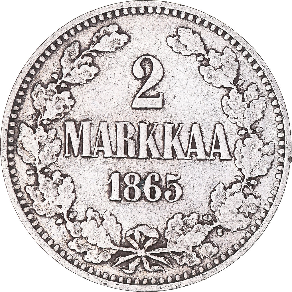 Moneda, Finlandia, Alexander II, 2 Markkaa, 1865, Helsinki, MBC, Plata, KM:7.1