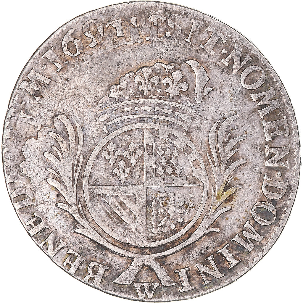 Moeda, França, Louis XIV, 1/2 Ecu de Flandre aux palmes, 1694, Lille