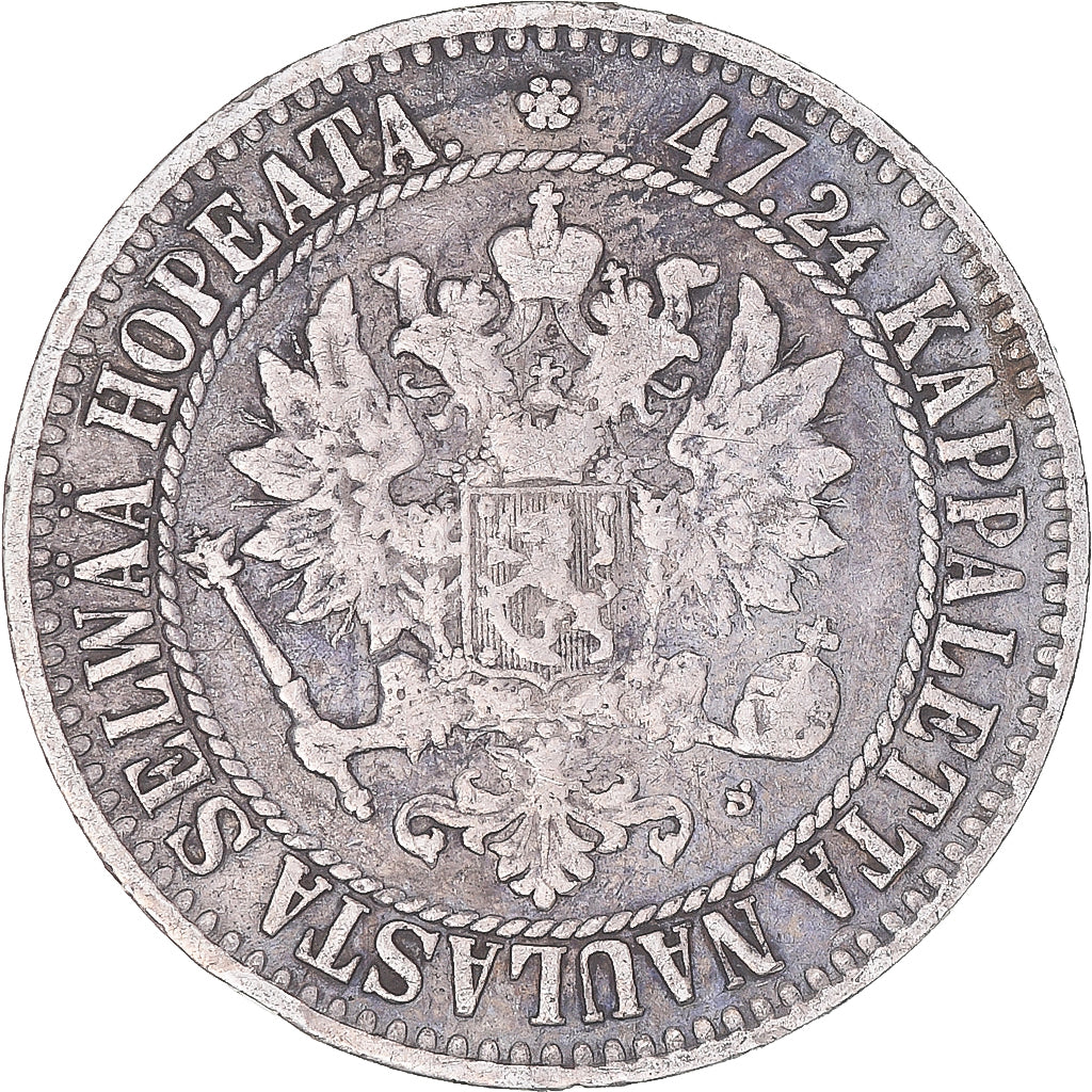 Coin, Finland, Alexander II, 2 Markkaa, 1865, Helsinki, EF(40-45), Silver