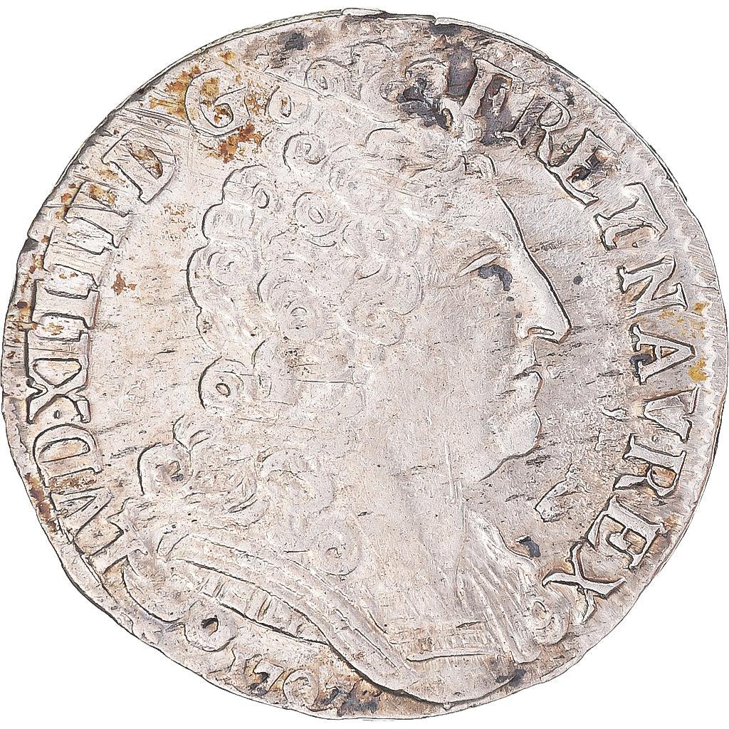 Munten, Frankrijk, Louis XIV, 20 Sols aux insignes, 1707, Rouen, ZF+, Zilver