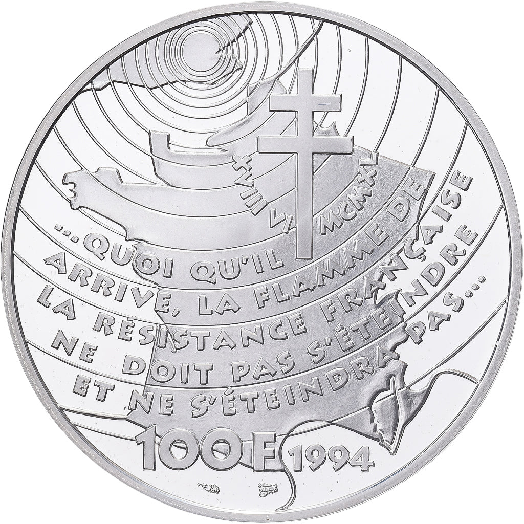 Moneda, Francia, Appel du 18 juin 1940, 100 Francs, 1994, Monnaie de Paris, BE