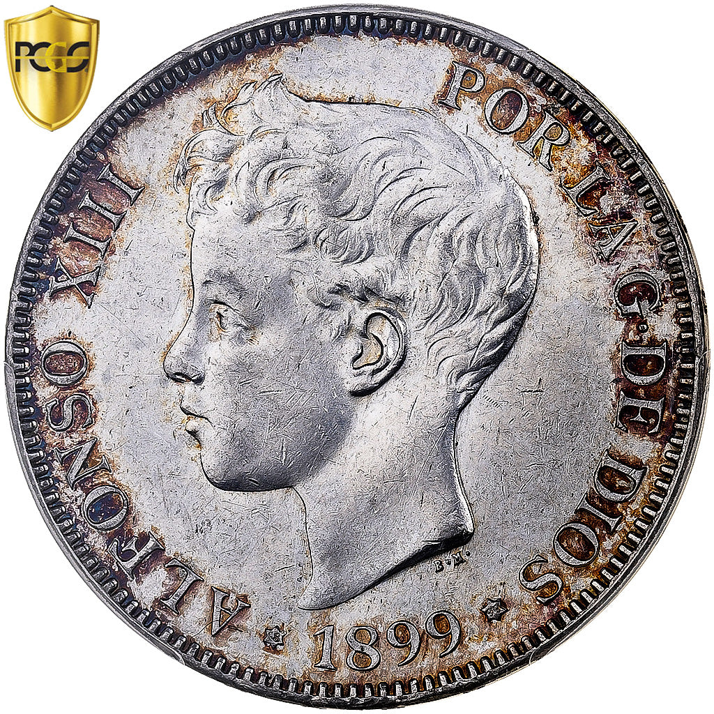 España, Alfonso XIII, 5 Pesetas, 1899, Madrid, Plata, PCGS, AU Details, KM:707
