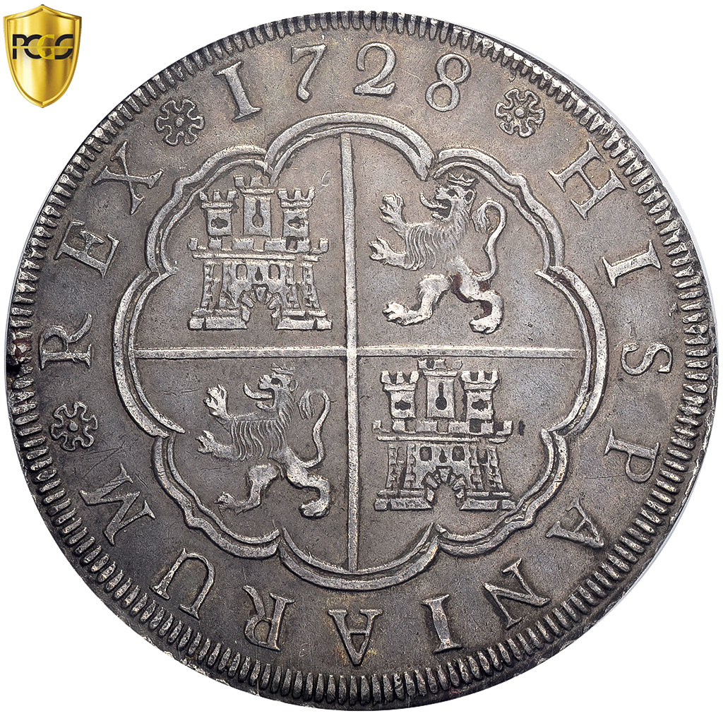 Hiszpania, Philip V, 8 Reales, 1728, Seville, Srebro, PCGS, AU50, KM:336.3