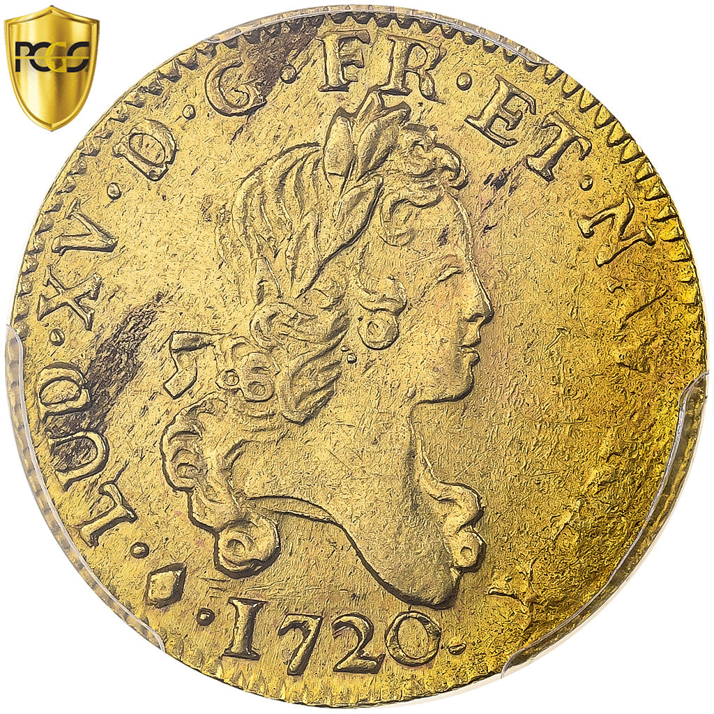 France, Louis XV, louis d'or aux 2 L, 1720, Bayonne, New flan, Gold, PCGS, UNC