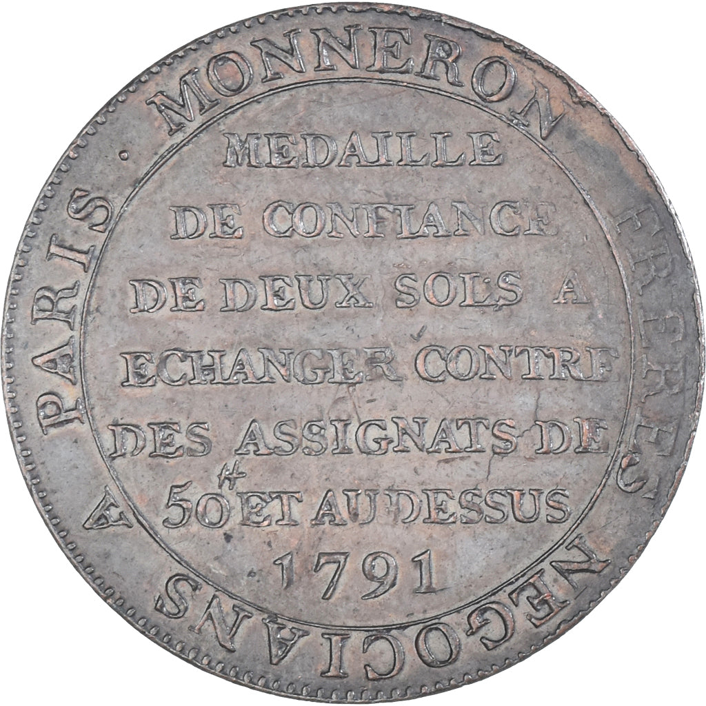 Moeda, França, Monneron, 2 Sols, 1791, AU(55-58), Bronze, KM:Tn23