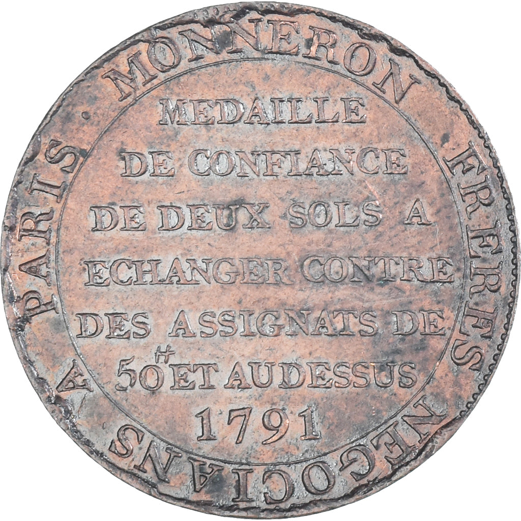 Moeda, França, Monneron, 2 Sols, 1791, AU(55-58), Bronze, KM:Tn23