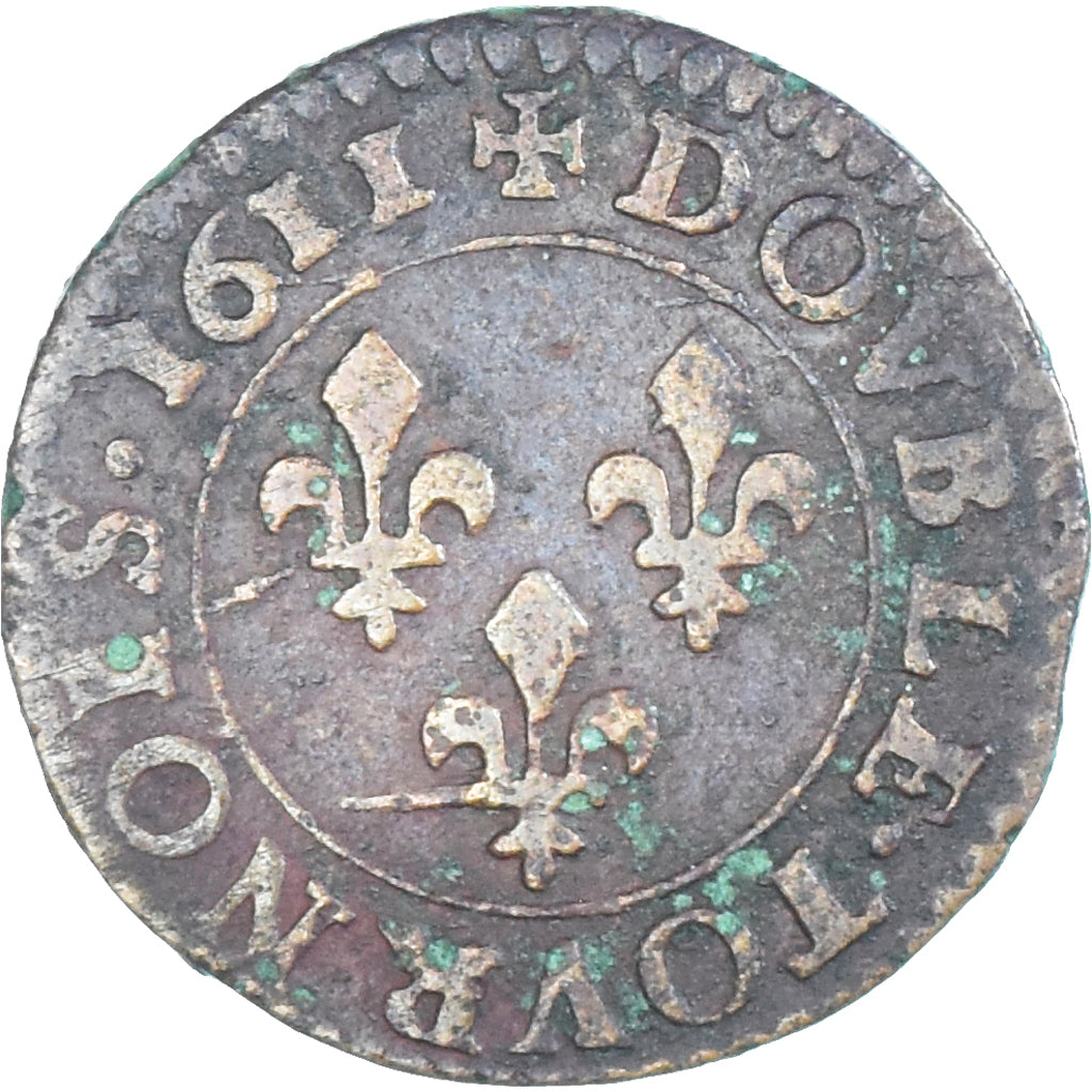 Munten, Frankrijk, Louis XIII, Double Tournois, 1611, Bordeaux, FR, Koper