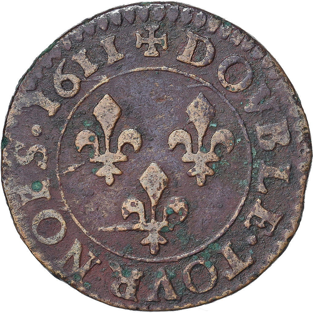 Monnaie, France, Louis XIII, Double Tournois, 1611, Bordeaux, TB, Cuivre