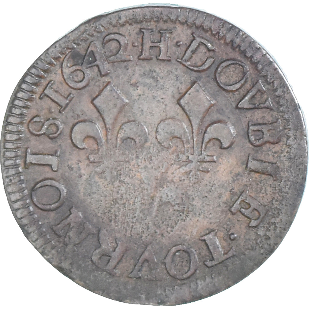 Munten, Frankrijk, Louis XIII, Double Tournois, 1642, La Rochelle, FR+, Koper