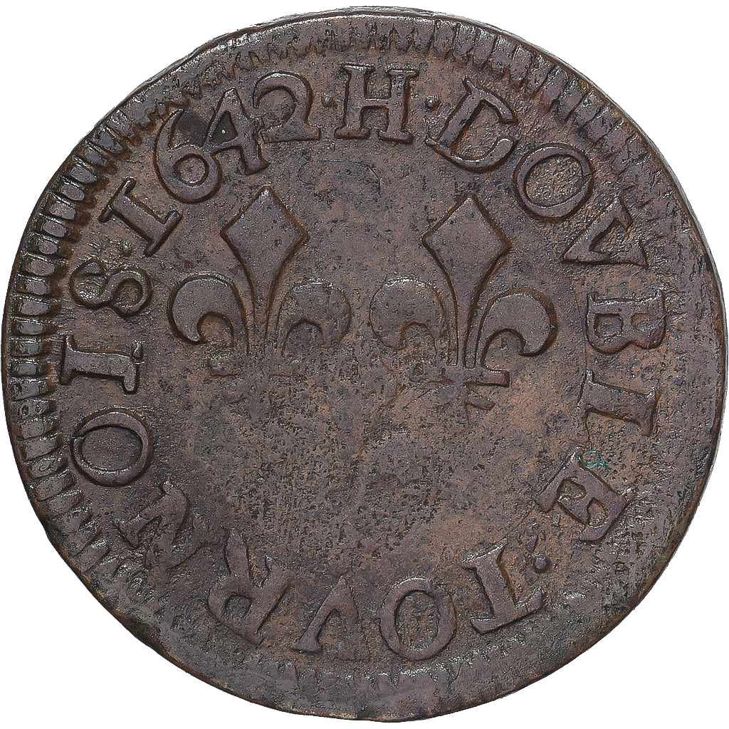 Monnaie, France, Louis XIII, Double Tournois, 1642, La Rochelle, TB+, Cuivre