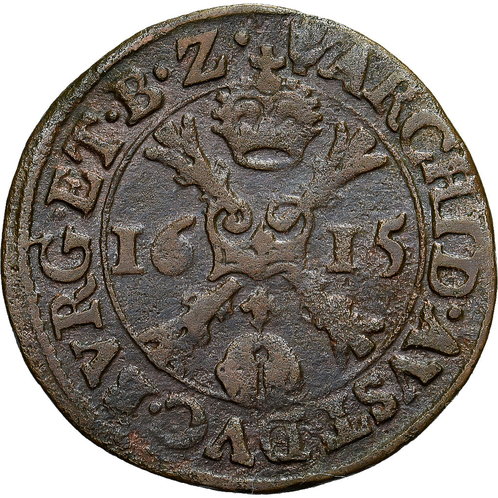 Münze, Spanische Niederlande, Albert & Isabella, Duit, 1615, Anvers, S+, Kupfer