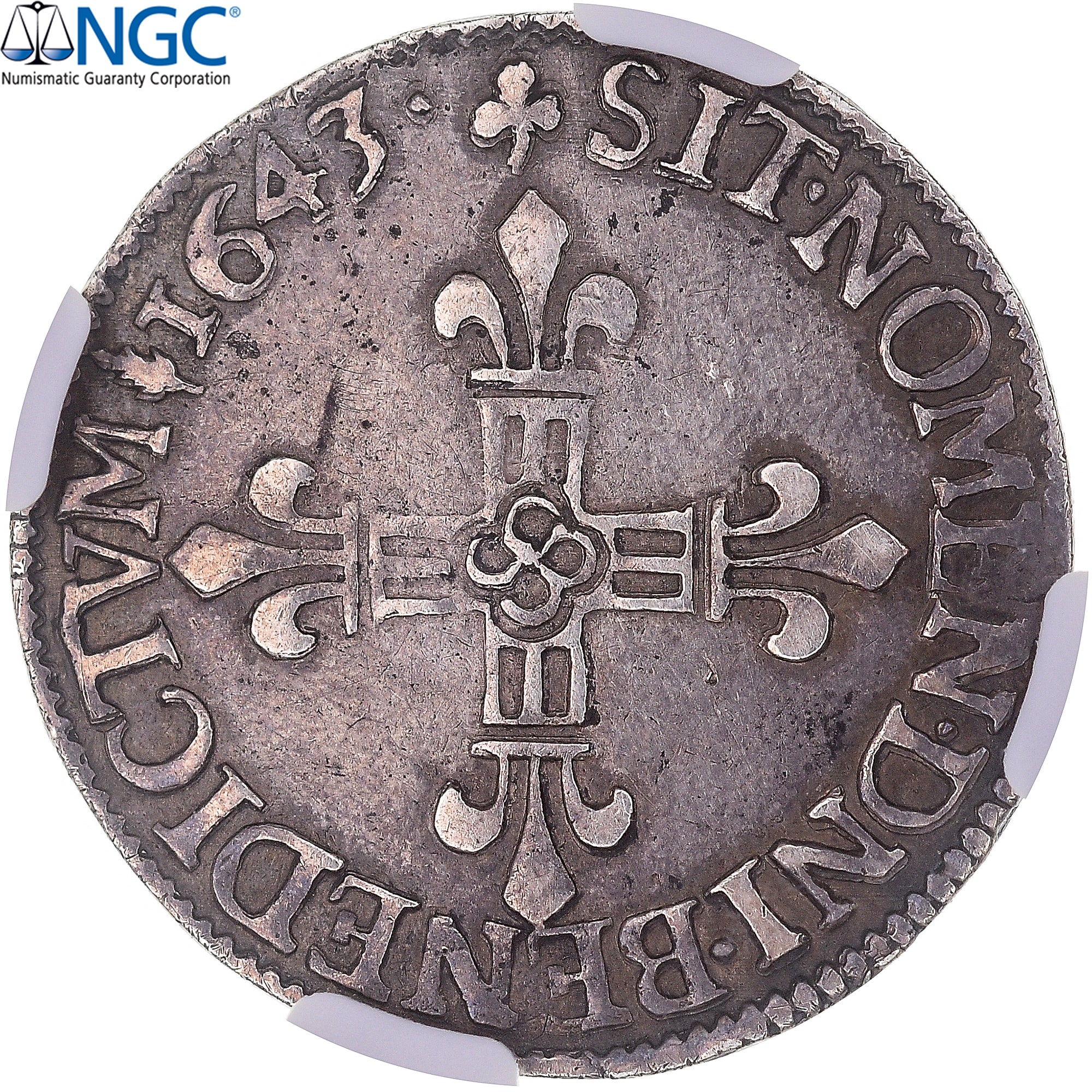 France, Louis XIII, 1/8 Ecu, 1643, Tours, Argent, NGC, XF Details, Gadoury:24