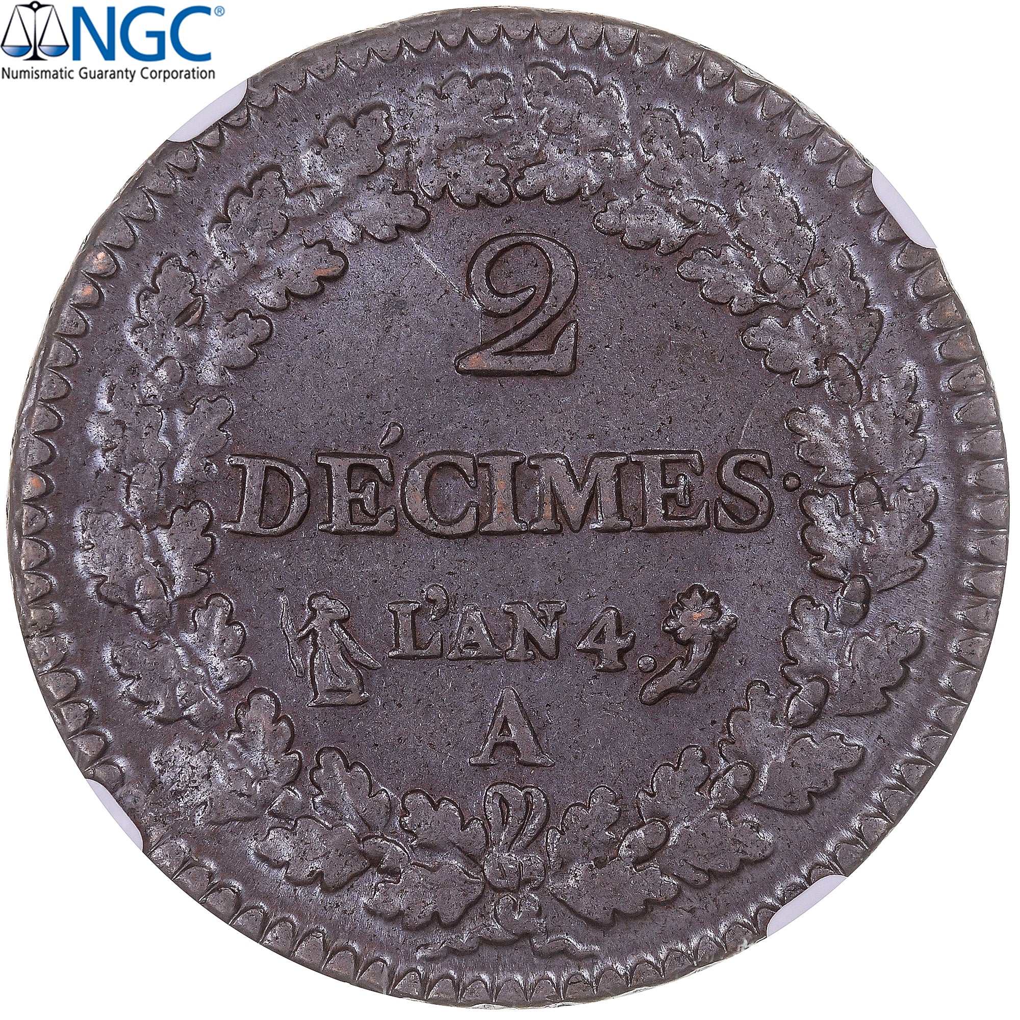 France, 2 Décimes, Dupré, AN 4, Paris, Bronze, NGC, MS63, Gadoury:300