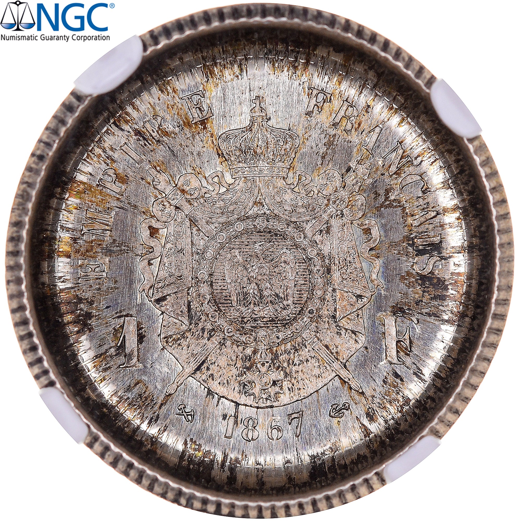 France, Napoleon III, 1 Franc, 1867, Bordeaux, REVERSE DIE CAP, NGC, MS66