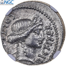 Julius Caesar, Denarius, 46 BC, Utica?, Zilver, NGC, AU 4/5 5/5, Crawford:467/1a