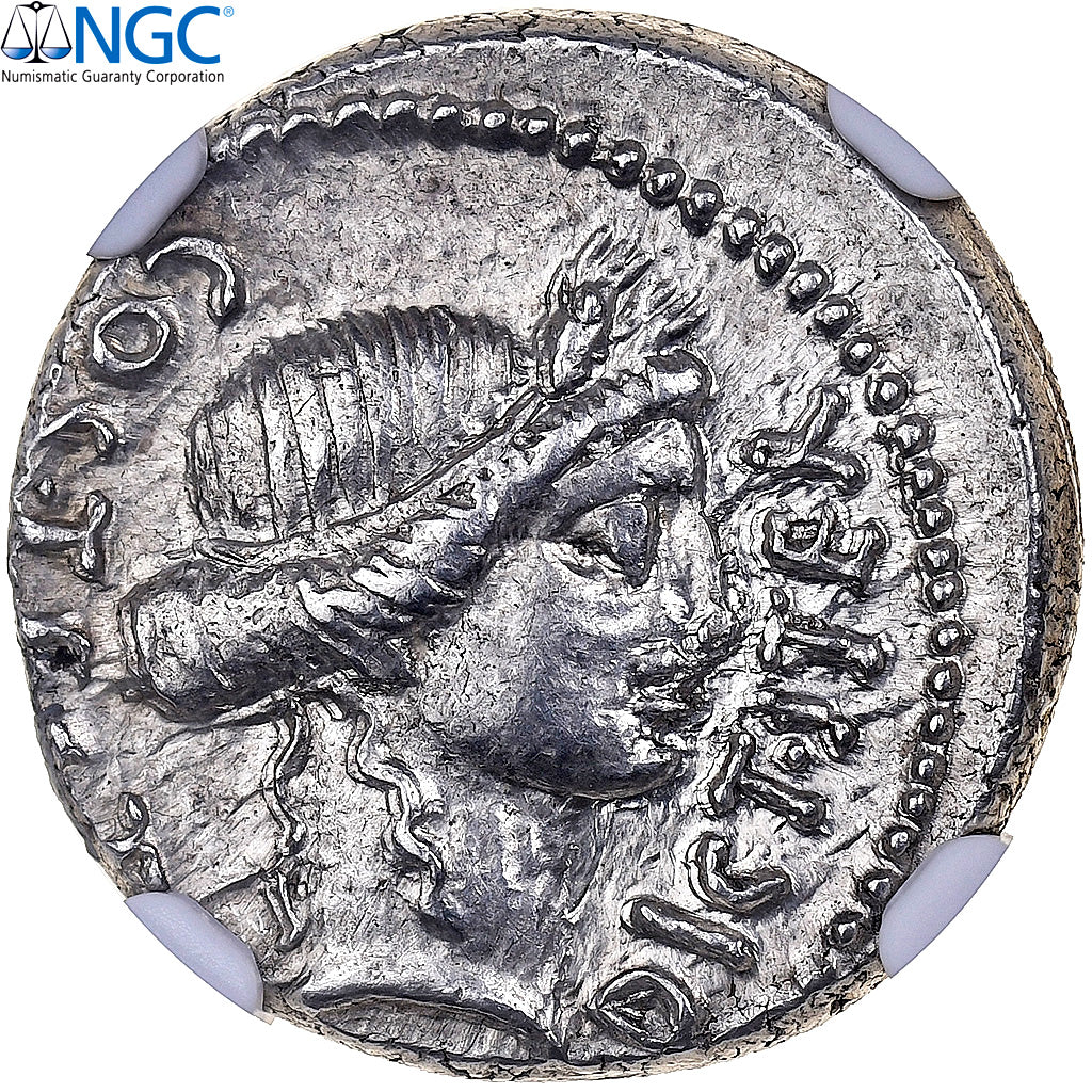 Julius Caesar, Denarius, 46 BC, Utica?, Plata, NGC, AU 4/5-5/5, Crawford:467/1a