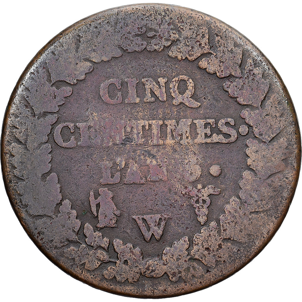 Moneda, Francia, Dupré, 5 Centimes, AN 5, Lille, BC+, Cobre, Gadoury:126