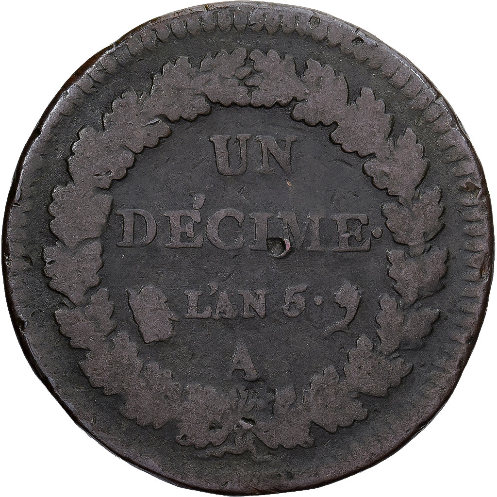 Moneda, Francia, Dupré, Decime, AN 5, Paris, BC+, Cobre, Gadoury:187
