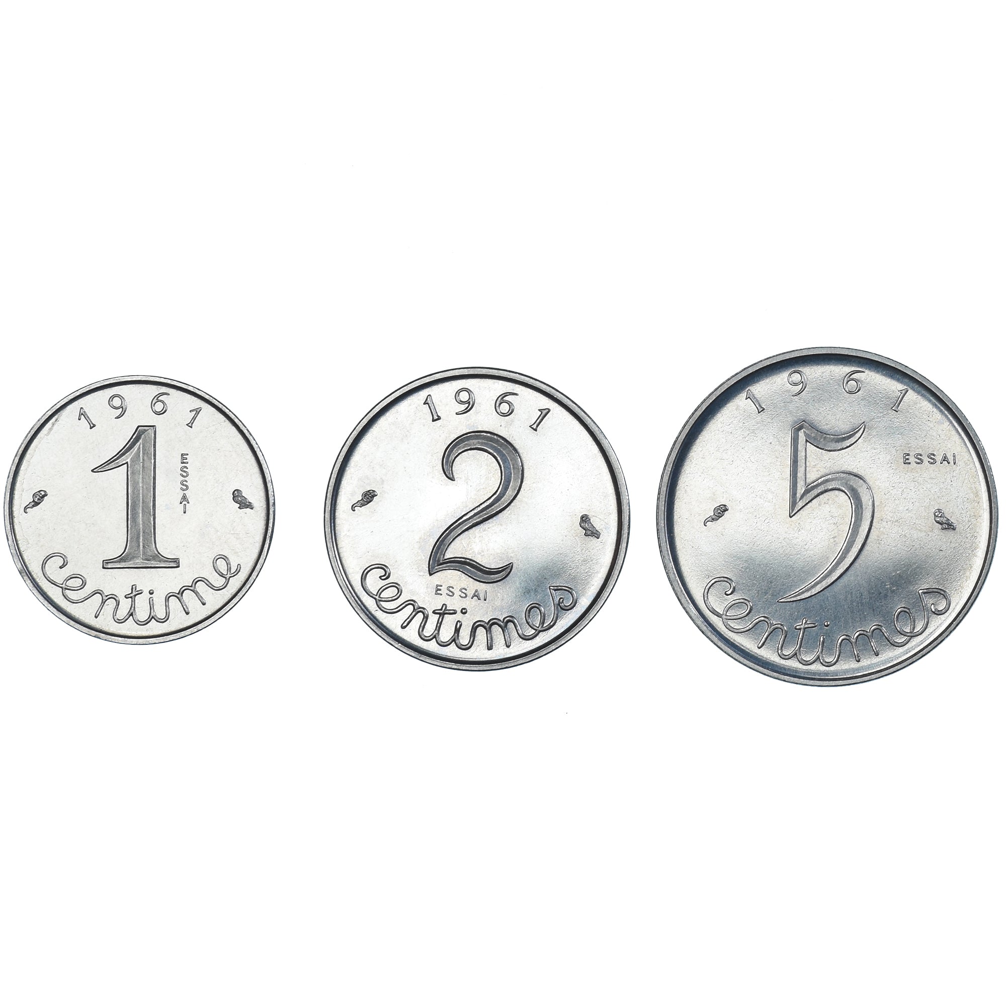 Frankrijk, Set 1 ct., 2 cts. et 5 cts., Épi, 1961, MDP, ESSAI, Stainless Steel