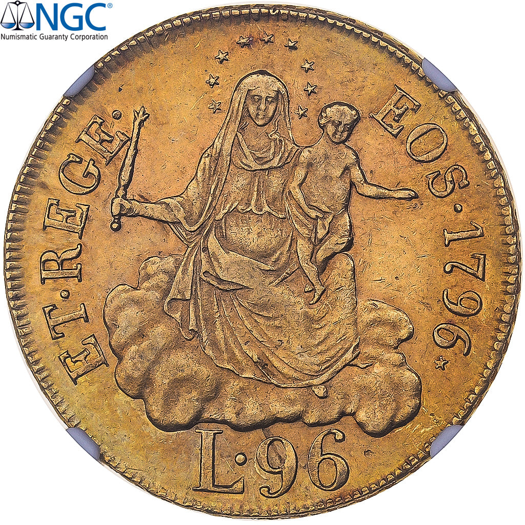 Republic of Genoa, 96 lire, 1796* (1814), Genoa, Złoto, NGC, AU58, KM:251