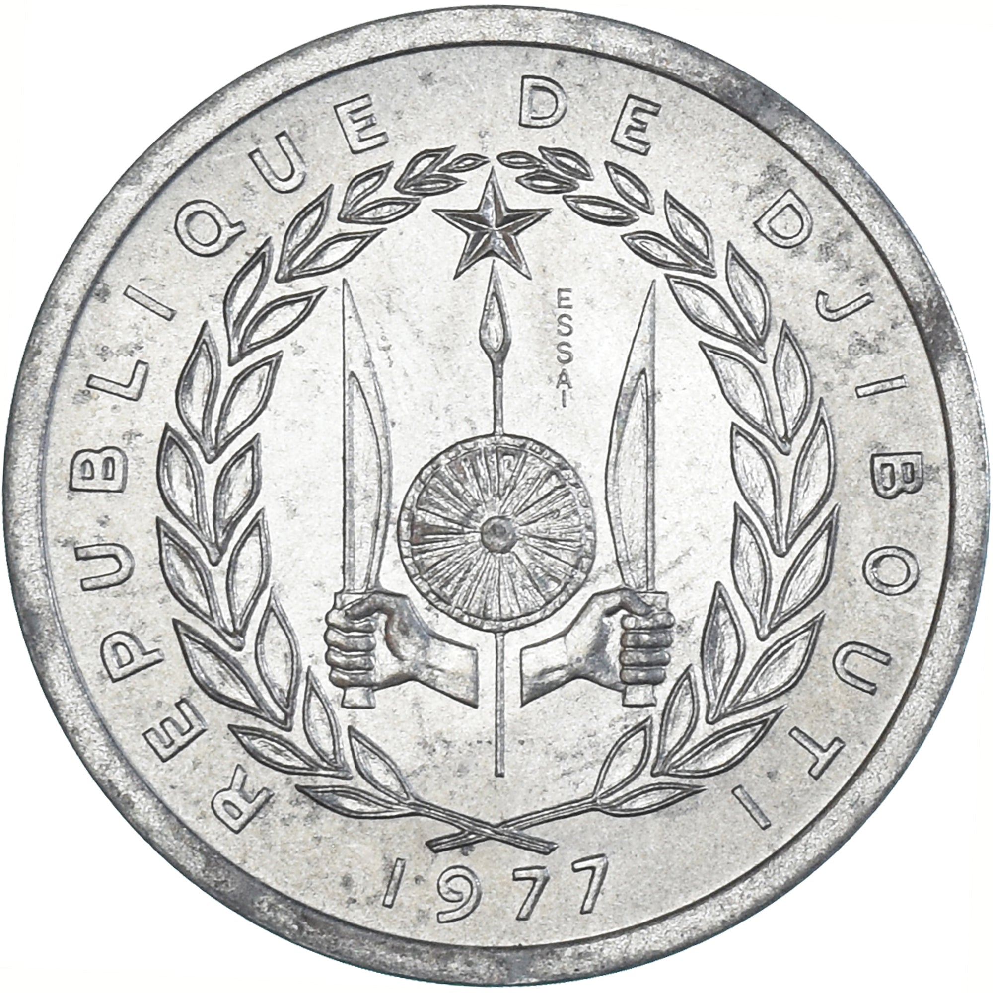 Moeda, Djibuti, 2 Francs, 1977, Monnaie de Paris, ENSAIO, MS(65-70), Alumínio